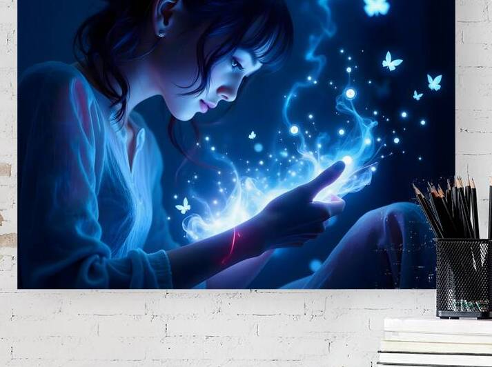 Ethereal Blue Fantasy Portrait of Woman with Luminous Magic Butterflies by David Enders
