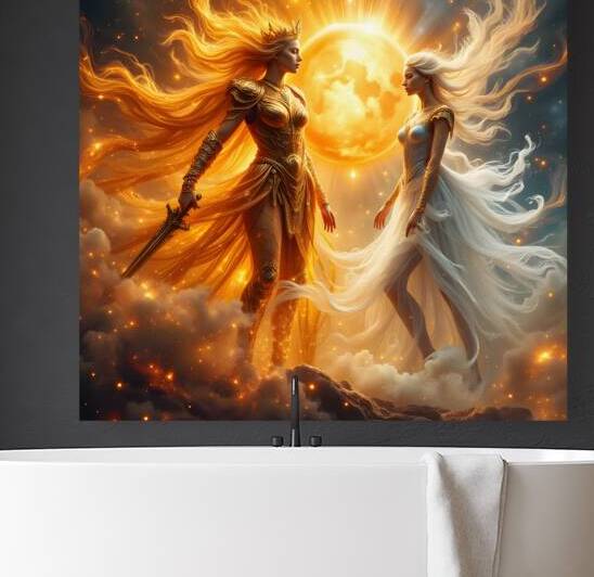 Epic Celestial Goddess Warriors Sun and Moon Divine Battle Scene with Flowing Energy by David Enders