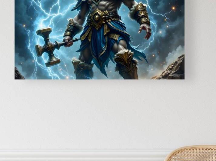 Norse Thunder God with Hammer Standing in Epic Lightning Storm by David Enders