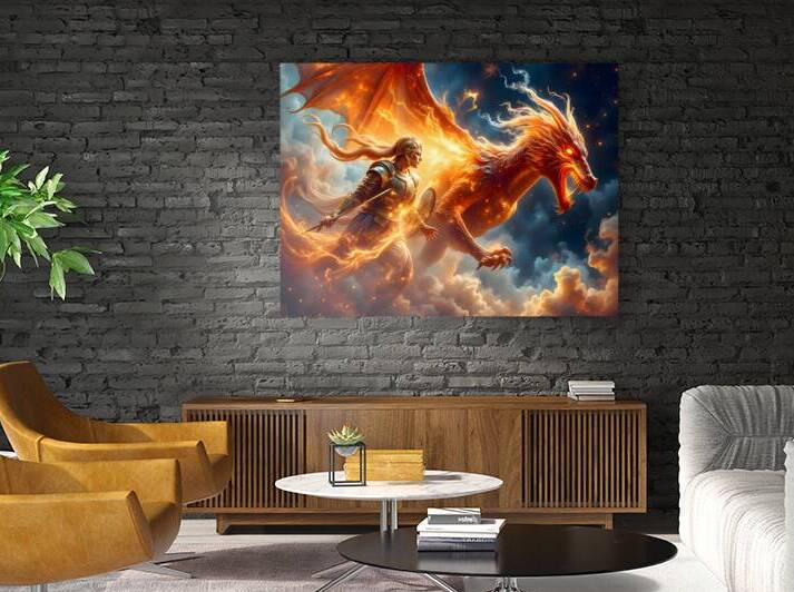 Dragon Warrior Woman Soaring with Flaming Phoenix Dragon in Clouds by David Enders