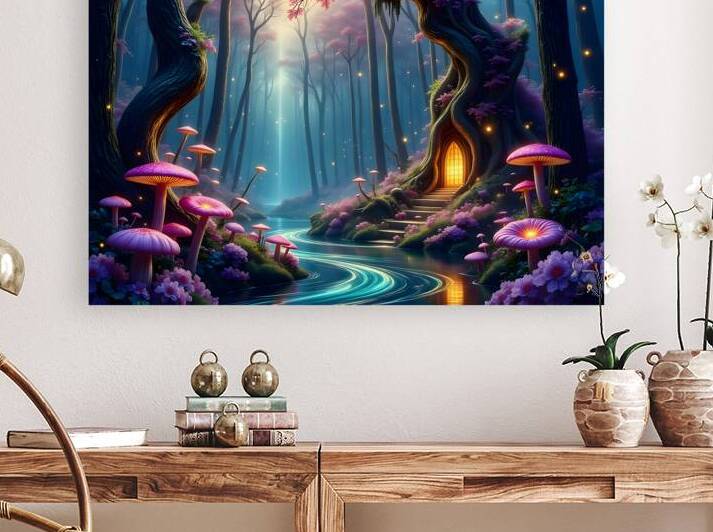 Mystical Woodland Sanctuary With Illuminated Tree Door and Bioluminescent Fungi by David Enders