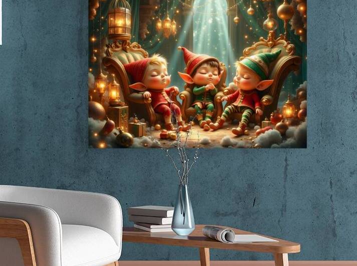 Three Exhausted Christmas Elves Sleeping After Holiday Party in Santas Magical Workshop by David Enders