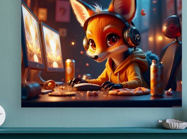 Adorable Gaming Fox Character with Headphones at Computer Streaming Setup with Snacks by David Enders