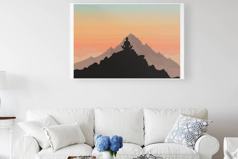 Silhouette of person meditating on mountain peak at sunset by Nora studio
