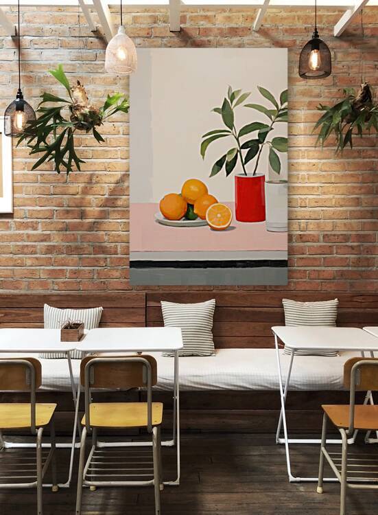 image of a *minimal space kitchen counter* fruit basket on it zoom out aesthetic retro aesthetic minimalist starkness oil painting   ar 2:3 by Nora studio