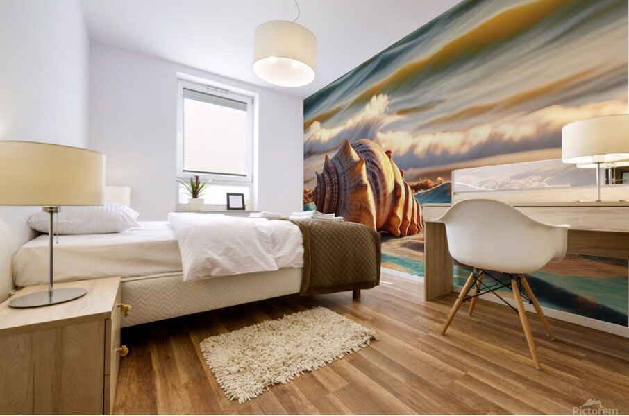 a large intricately patterned seashell placed on Mural print