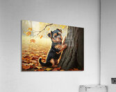 Yorkshire Terrier Puppy Spots Squirrel At Tree Base Impression acrylique
