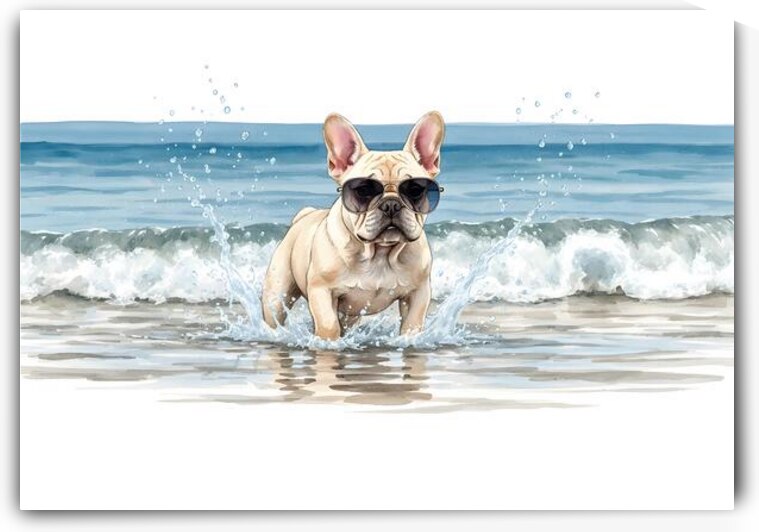 Cream French Bulldog Puppy Splashing In Ocean Water With Sunglasses by Puppy Prints