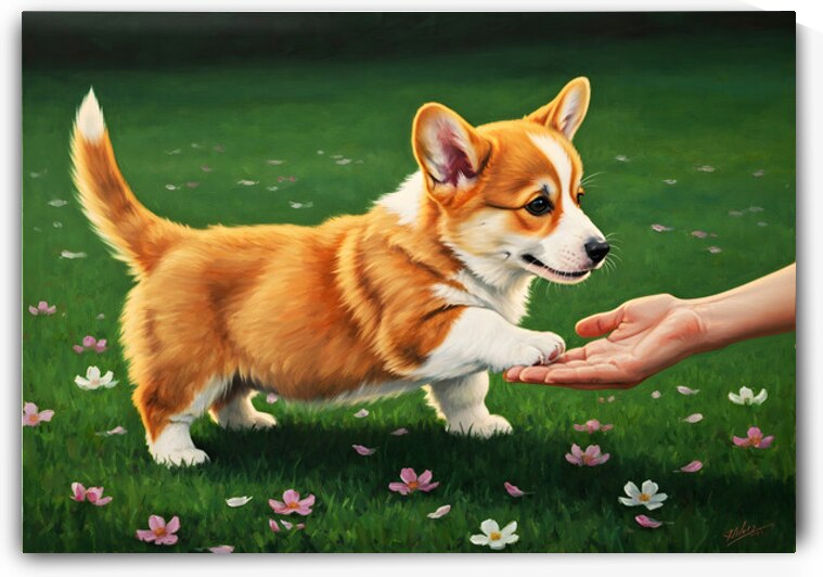 Proud Corgi Puppy Celebrates Learning New Trick by Puppy Prints