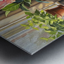 French Bulldog Puppy Sits Alert On Blue Cushion Impression metal