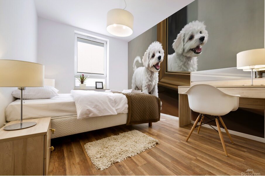 Playful White Bichon Frise Puppy Invites Mirror Reflection To Play Impression murale