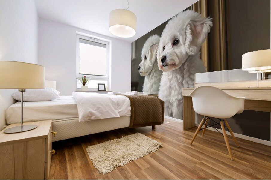 White Bichon Frise Puppy Contemplates Its Reflection Mural print