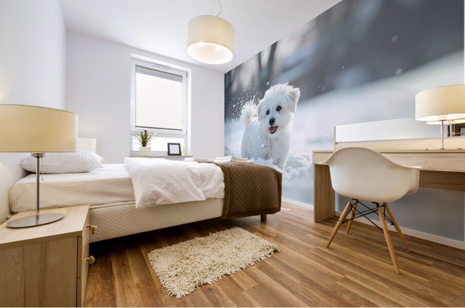 White Bichon Frise Puppy Discovers Fresh Snow In Winter Yard Impression murale