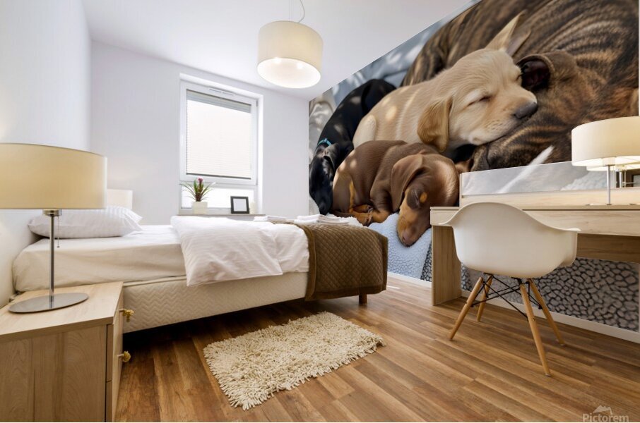 Sleepy Brown Dachshund Puppy Cuddling With Tired Siblings Impression murale