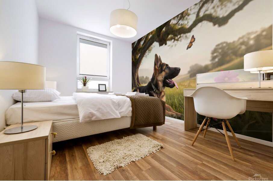 German Shepherd Puppy Resting Watches Butterfly Mural print