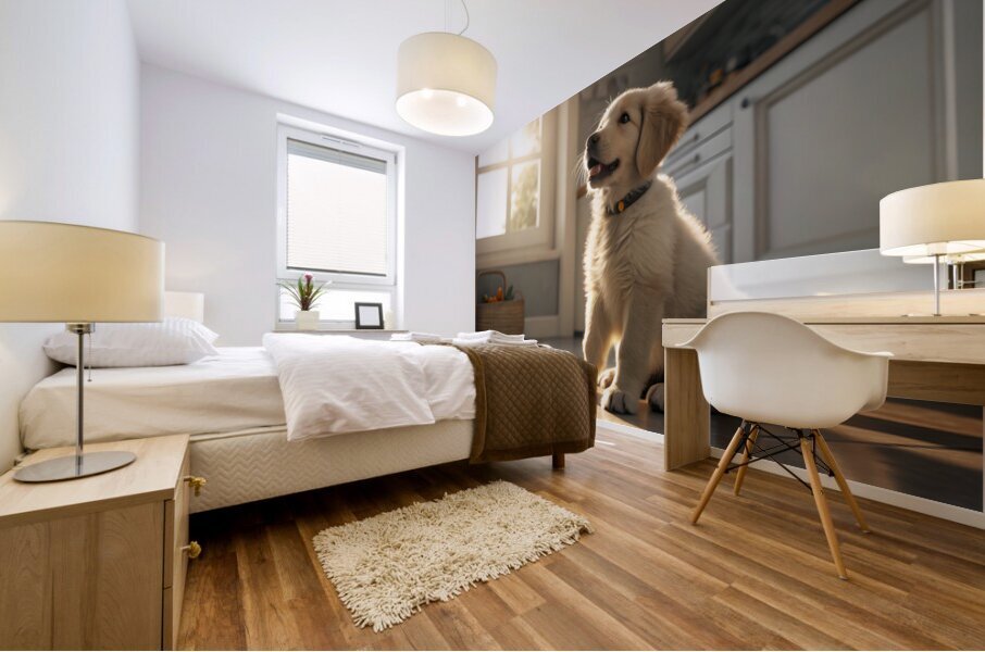 Golden Retriever Puppy Discovers Empty Food Bowl Impression murale