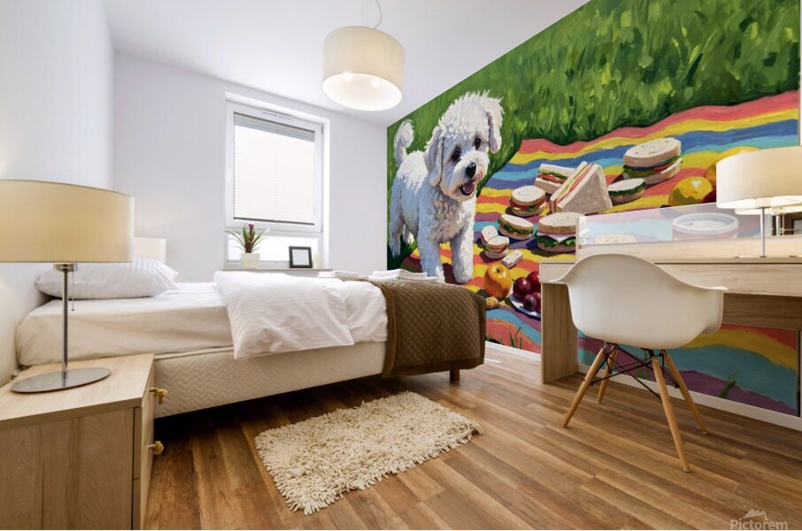 Bichon Frise Puppy Discovers Picnic Spread Impression murale