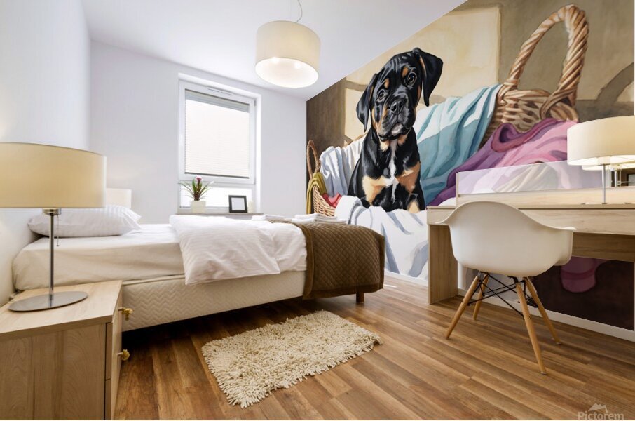 Puppy Cane Corso Discovers Cozy Laundry Basket Mural print