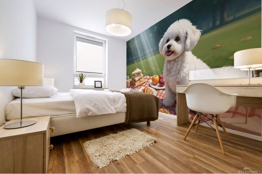 Patient Bichon Frise Waits For Picnic Treats Mural print