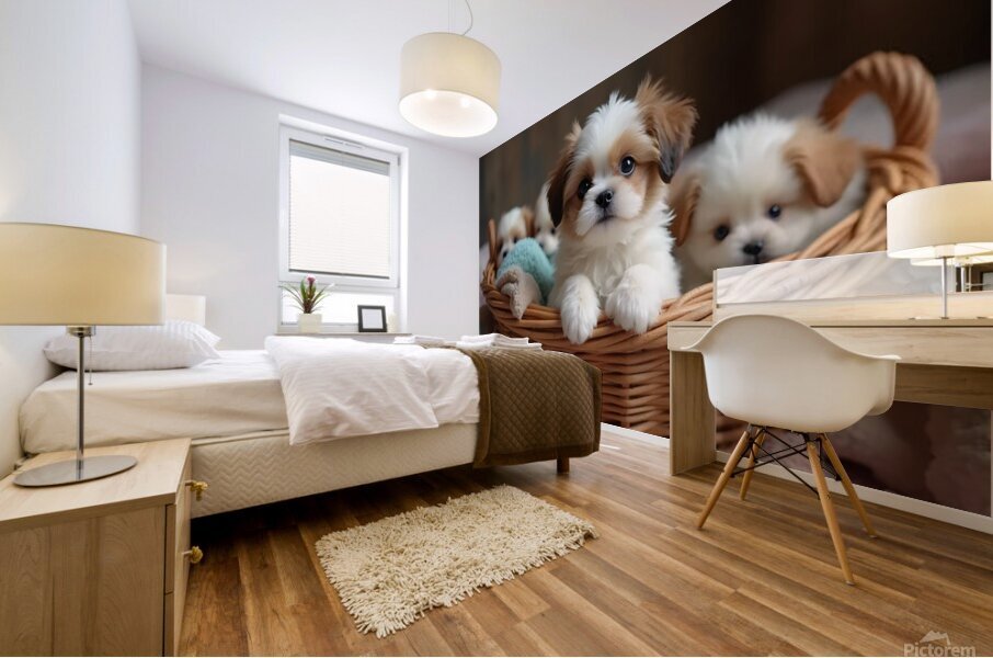 Shih Tzu Puppy Discovers Cozy Laundry Basket Adventure Mural print