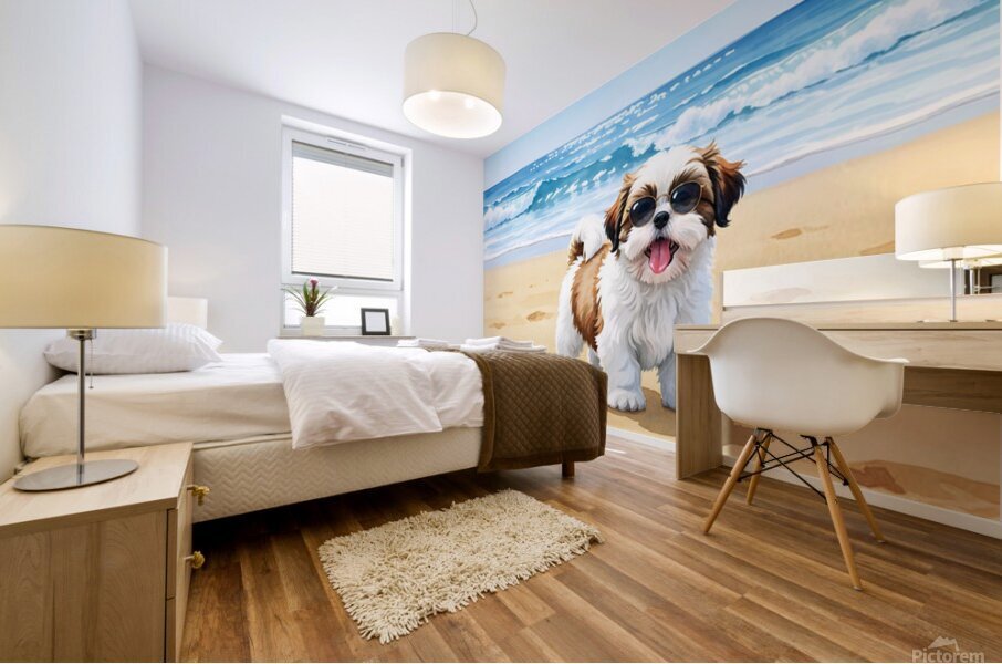 Shih Tzu Puppys First Beach Adventure With Cool Sunglasses Mural print
