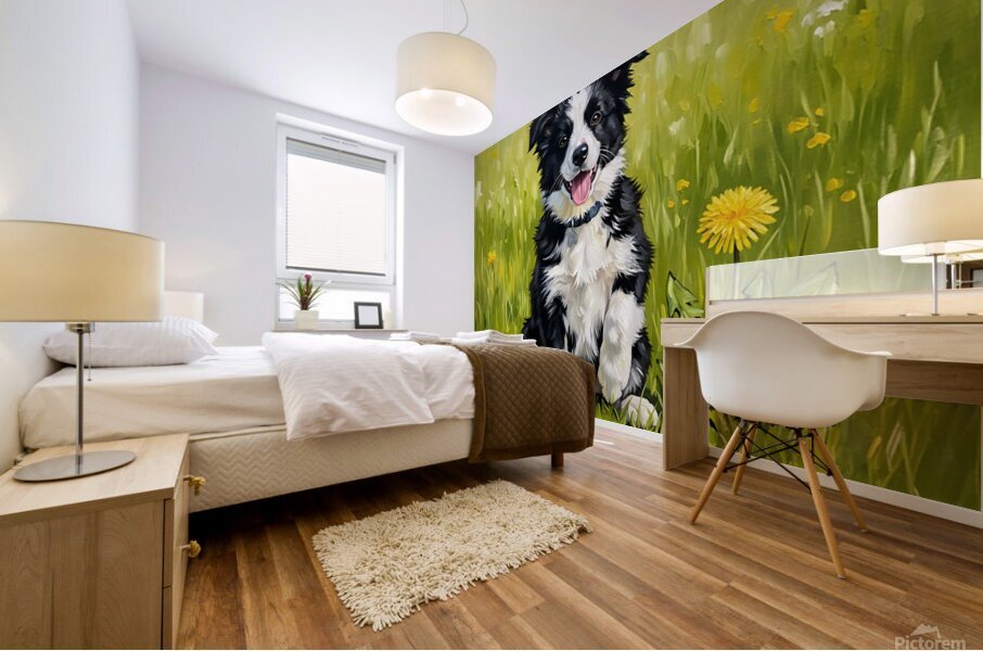 Happy Border Collie Puppy After Dandelion Discovery Mural print
