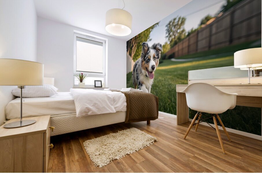 Australian Shepherd Puppy Gets The Zoomies In Backyard Impression murale