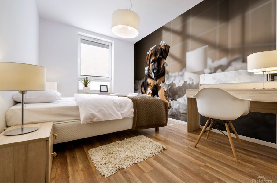 German Shepherd Puppy Sits Among Paper Destruction Mural print