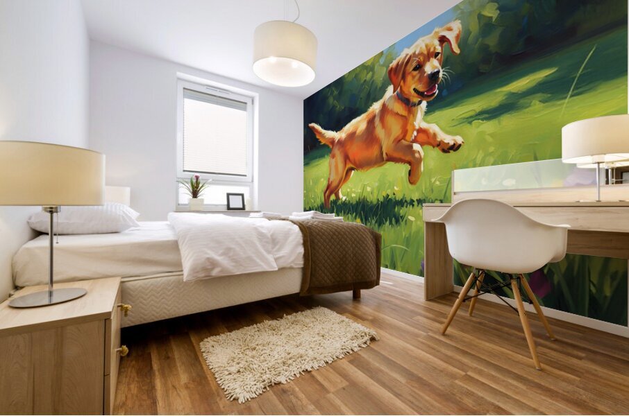 Happy Labrador Puppy Playing In Sunny Garden Mural print