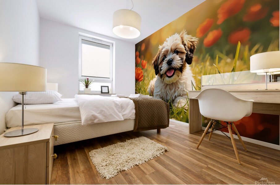 Happy Shih Tzu Puppy Rests After First Adventure Mural print