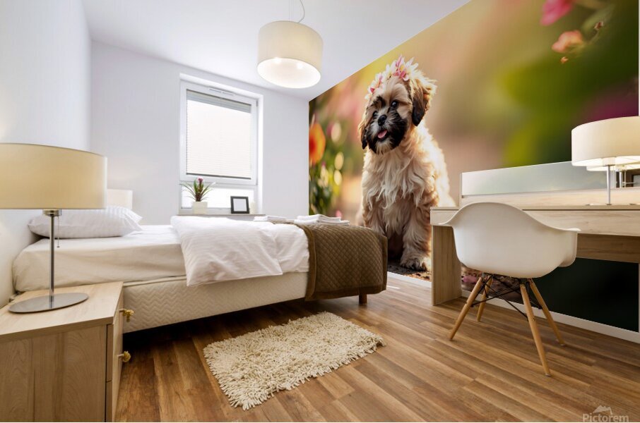 Shih Tzu Puppy Sits Proudly Wearing Flower Crown Impression murale