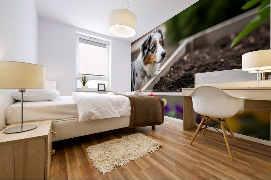 Australian Shepherd Puppy Discovers The Garden Bed Impression murale