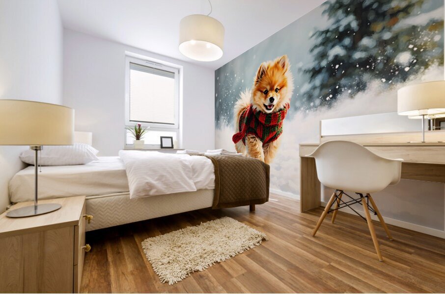 Pomeranian Puppy In Holiday Sweater Playing In Snow Mural print