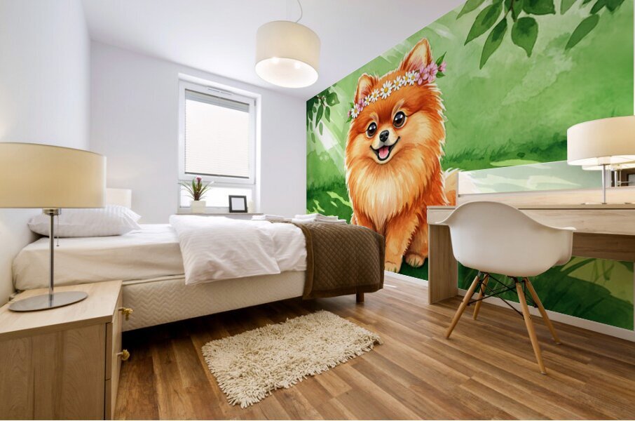 Pomeranian Puppy Discovers A Beautiful Flower Crown Mural print