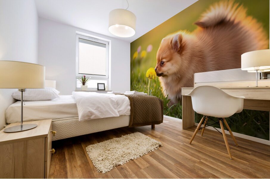 Pomeranian Puppy Discovers Yellow Dandelion In Meadow Mural print