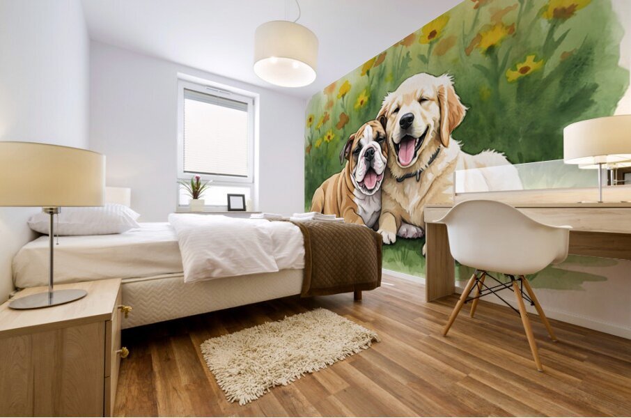 Bulldog Puppy Rests With New Best Friend Mural print