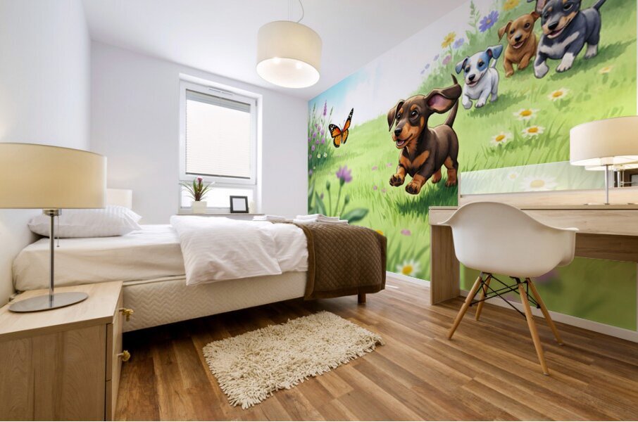 Dachshund Puppy Spots Beautiful Butterfly In Garden Impression murale