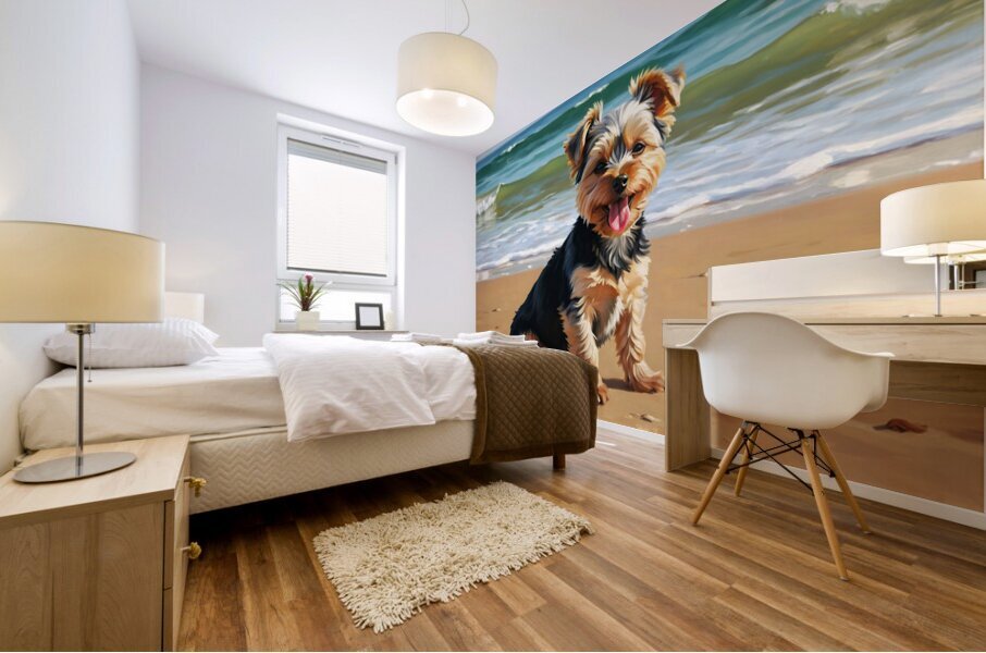 Tired Yorkshire Terrier Puppy Rests On Beach Impression murale