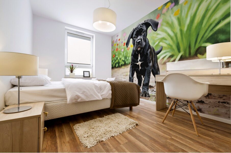 Cane Corso Puppy Playing In Muddy Garden Mural print