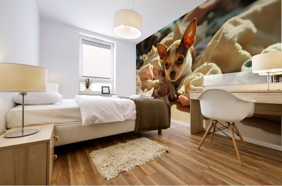 Chihuahua Puppy Discovers Laundry Adventure Mural print