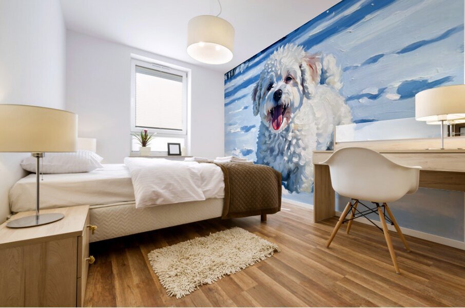 Happy Bichon Frise Puppy Rests After Snow Play Mural print