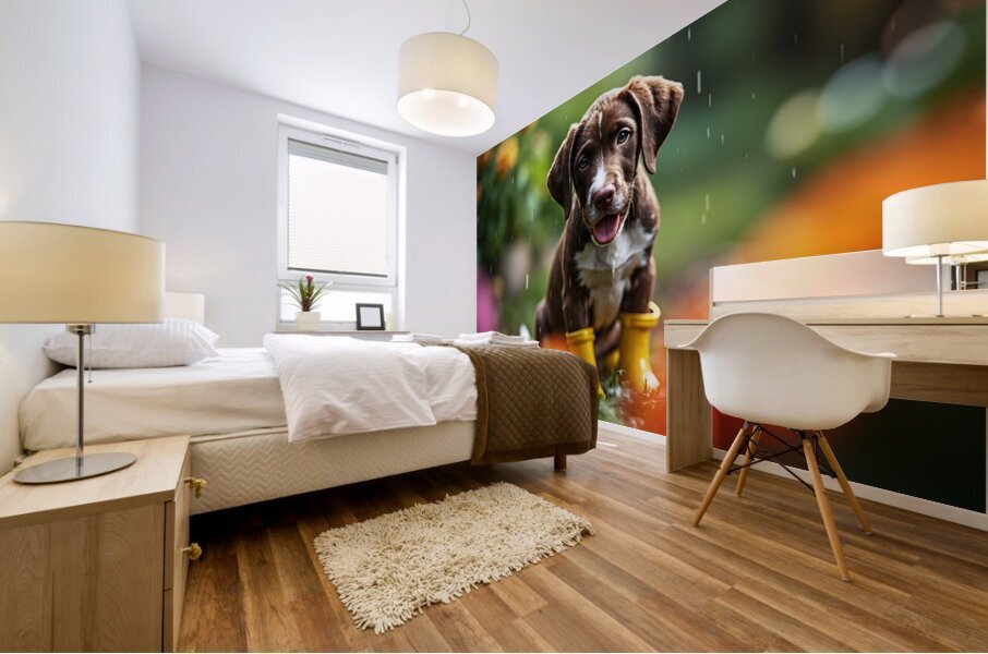 Happy German Shorthaired Pointer Puppy Rests In Rain Mural print