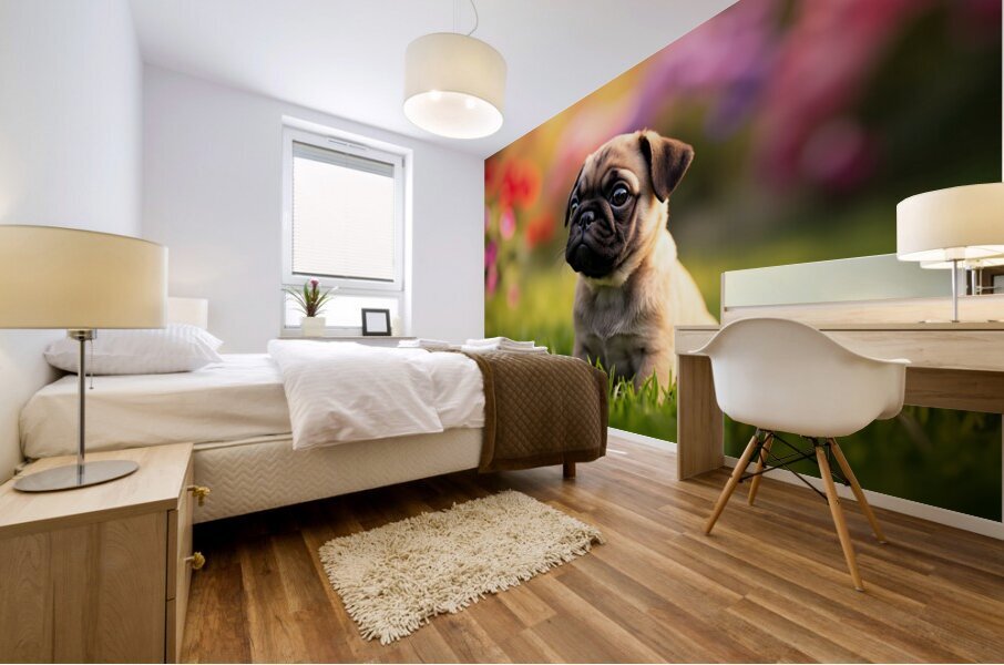 Pug Puppy Discovers Fun Game In Garden Mural print