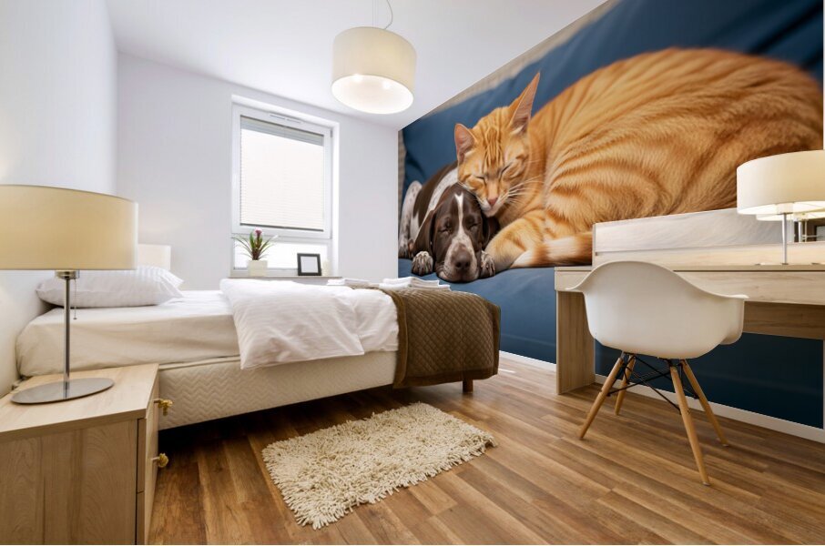 Puppy And Cat Snuggle Together Peacefully Impression murale