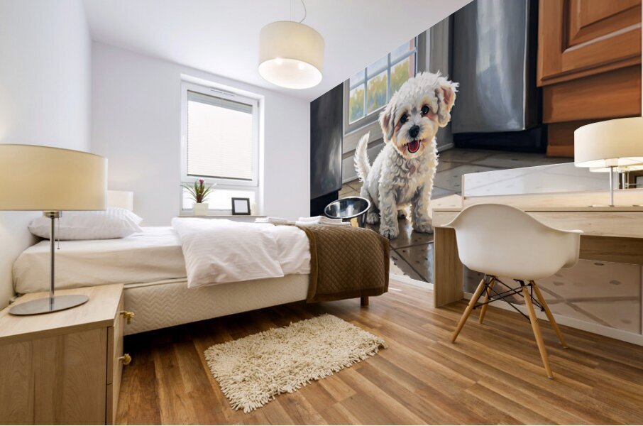 Bichon Frise Puppy Discovers Empty Food Bowl Mural print