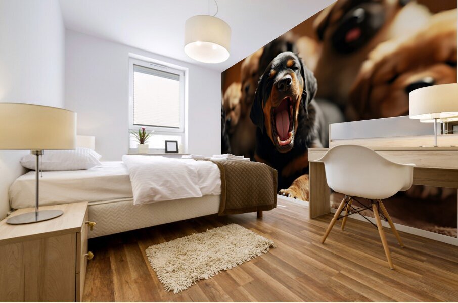 Rottweiler Puppys Big Yawn With Friends Mural print