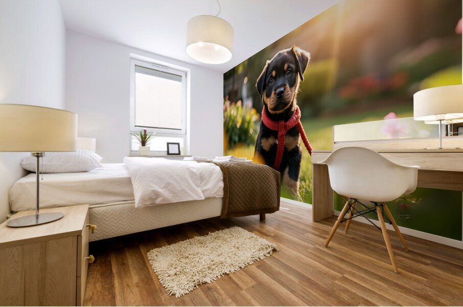 Rottweiler Puppy Gets Tangled In Red Leash Mural print