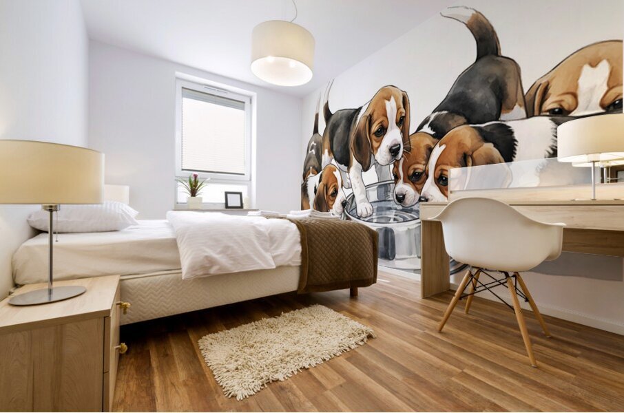 Beagle Puppy Approaches The Crowded Water Bowl Mural print