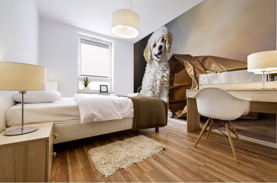 Triumphant Poodle Puppy Completes Paper Bag Adventure Mural print
