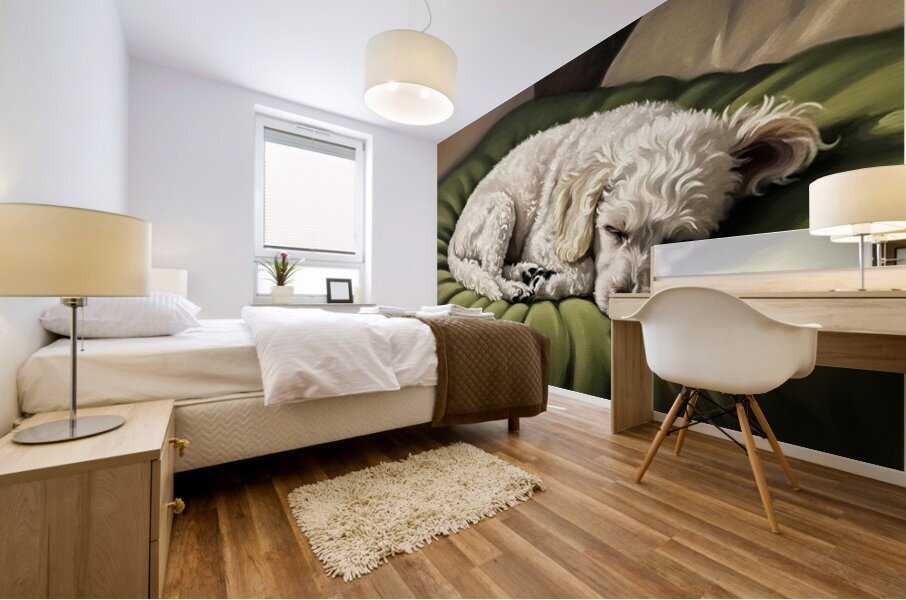 Poodle Puppy Dreams On Green Padded Bed Mural print